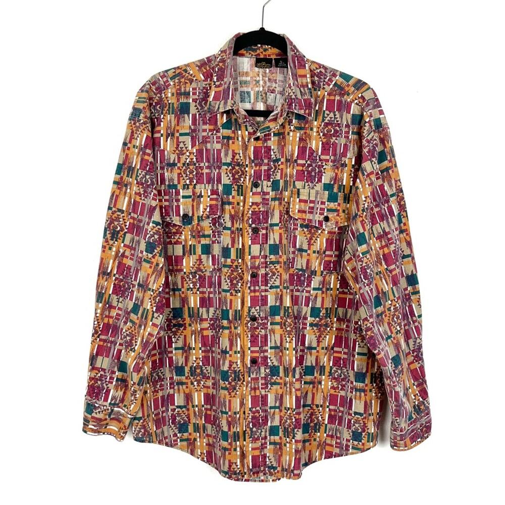 Vintage Mens Long Sleeve Button Down Aztec Print Shirt Large